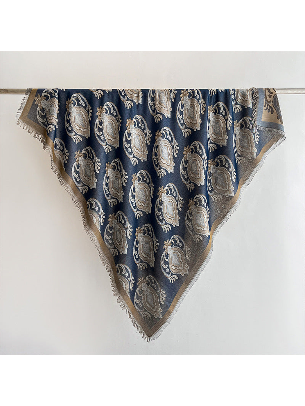 Navy paisley square scarf with tan border and fringe