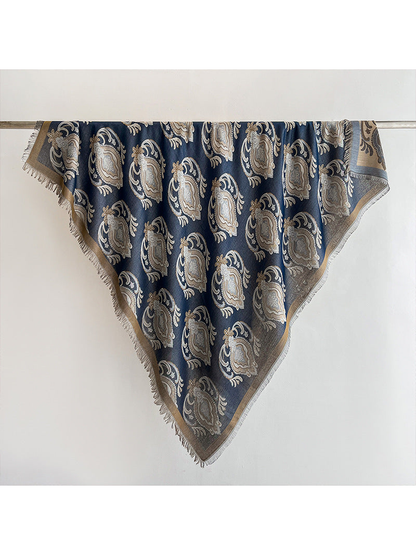 Navy paisley square scarf with tan border and fringe