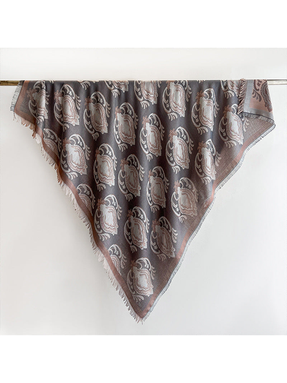 Gray-brown paisley square scarf with blush border and fringe