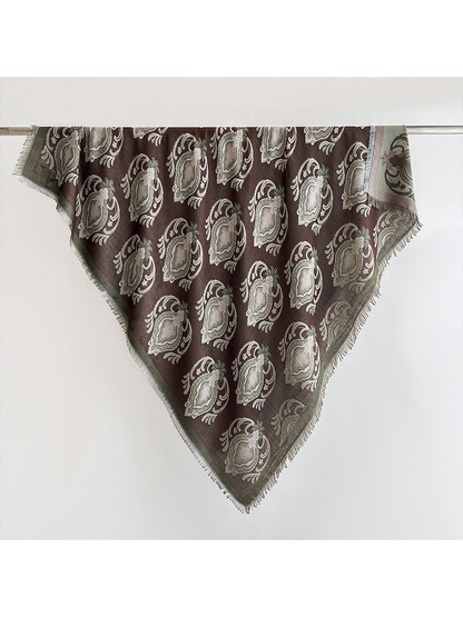 Dark brown paisley square scarf with olive border and fringe