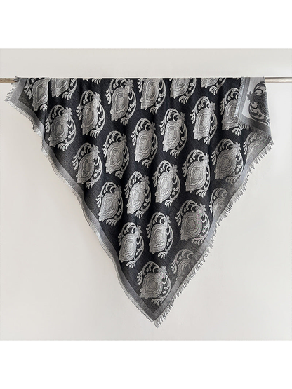 Black and gray paisley square scarf with gray border and fringe