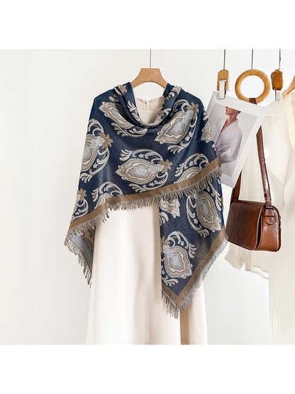 Navy paisley scarf draped asymmetrically over a white dress