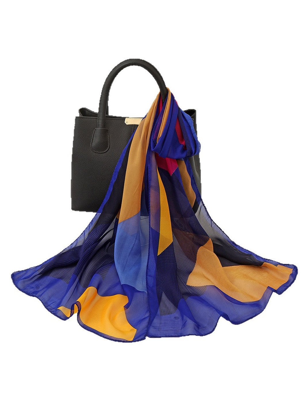 Blue and yellow sheer geometric scarf draped over a black handbag