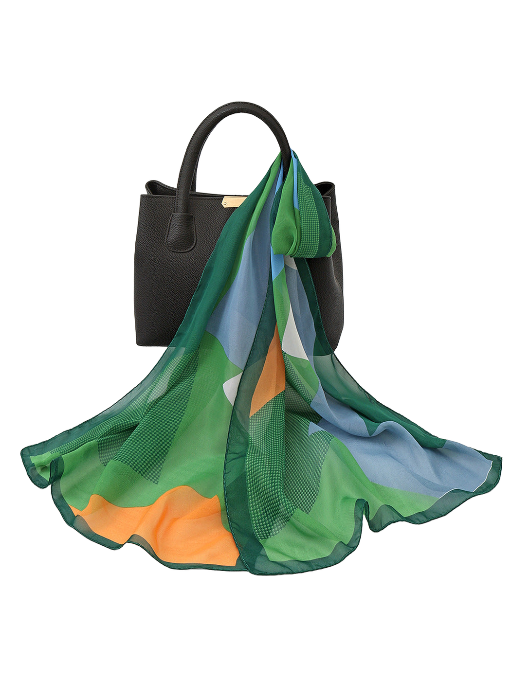 Green multicolor sheer geometric scarf draped over a black handbag