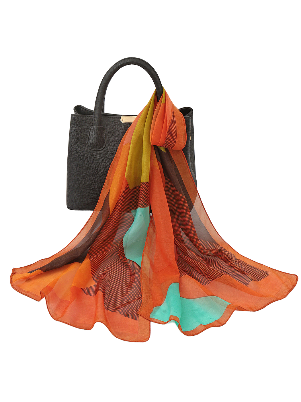 Orange multicolor sheer geometric scarf draped over a black handbag