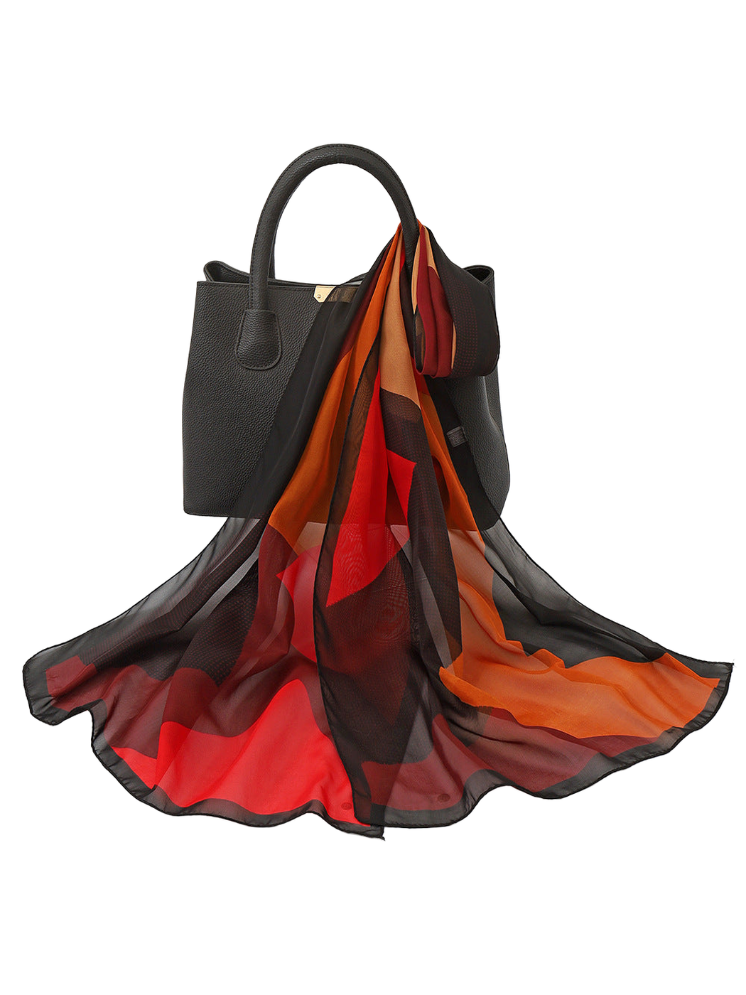 Black and red sheer geometric scarf draped over a black handbag