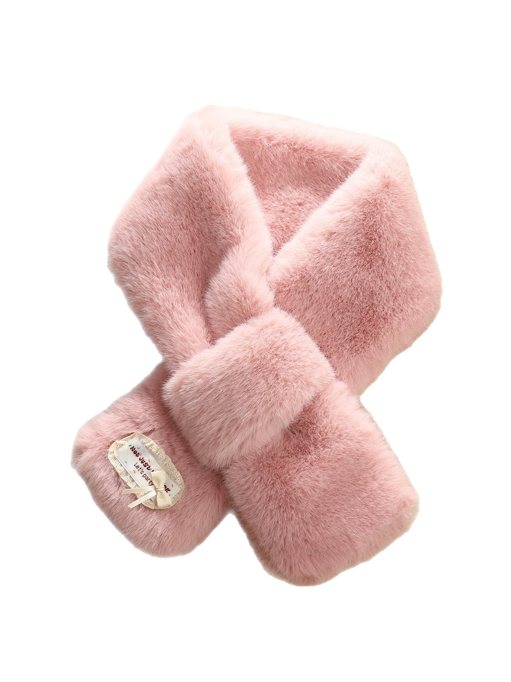 Pink fuzzy pull-through scarf with decorative bow patch