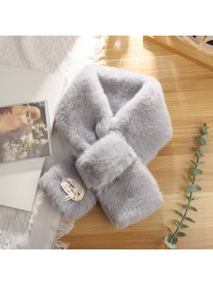 Gray fuzzy pull-through scarf with decorative bow patch