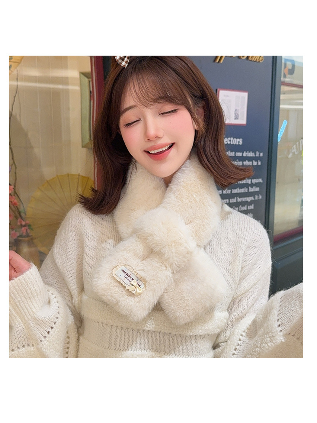 Off-white fuzzy pull-through scarf worn in a relaxed front view
