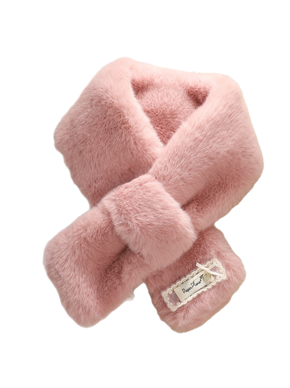Pink fuzzy pull-through scarf centered on a white background