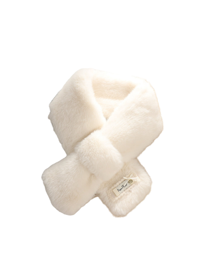 White fuzzy pull-through scarf in a crossed display