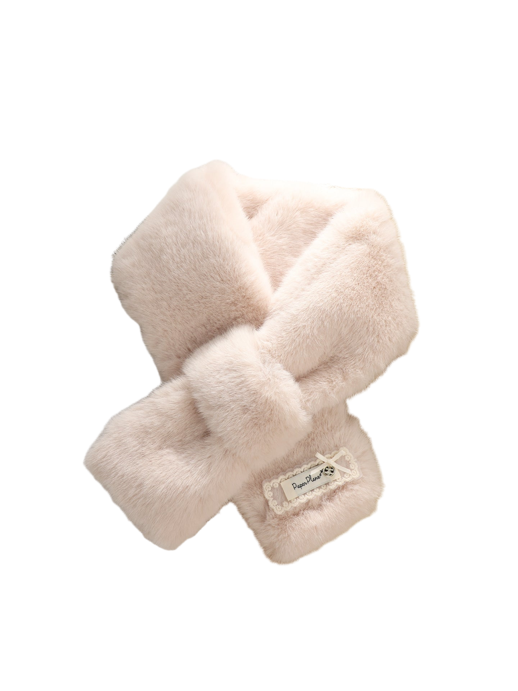 Off-white fuzzy pull-through scarf in a crossed display