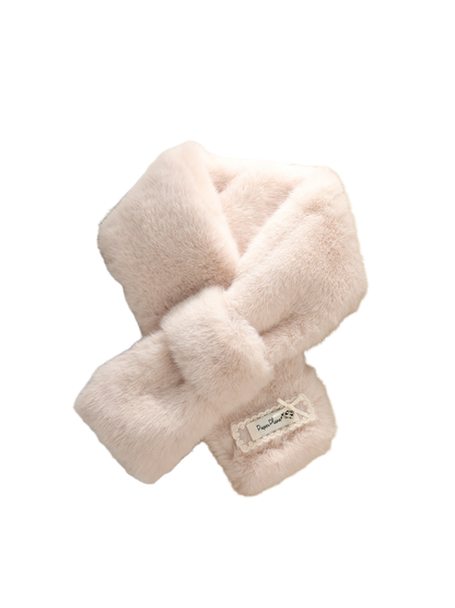 Off-white fuzzy pull-through scarf in a crossed display
