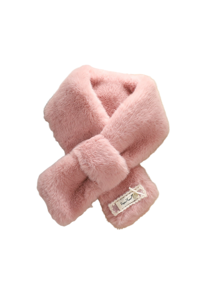 Pink fuzzy pull-through scarf in a crossed display