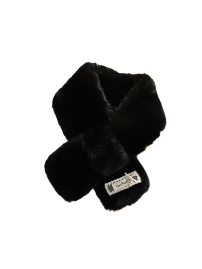 Black fuzzy pull-through scarf in a crossed display