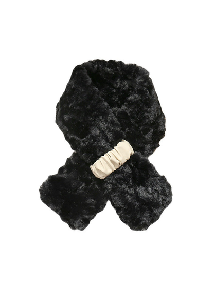 Black fuzzy pull-through scarf with crossed ends and gathered front tab