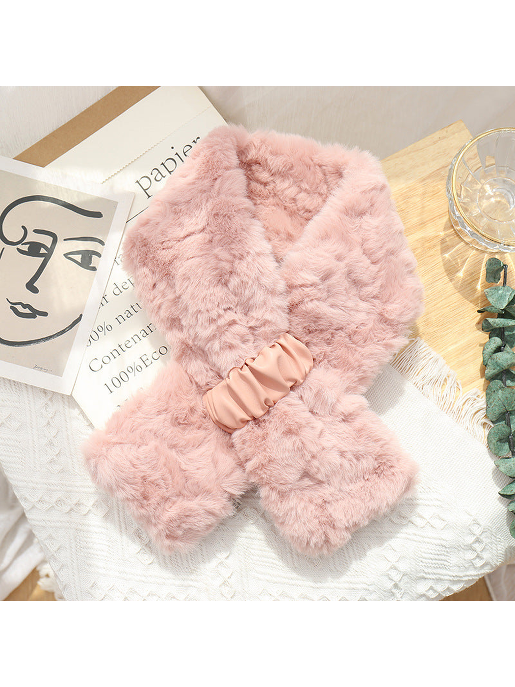 Pink fuzzy pull-through scarf with gathered front tab