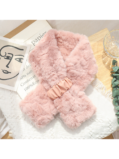 Pink fuzzy pull-through scarf with gathered front tab