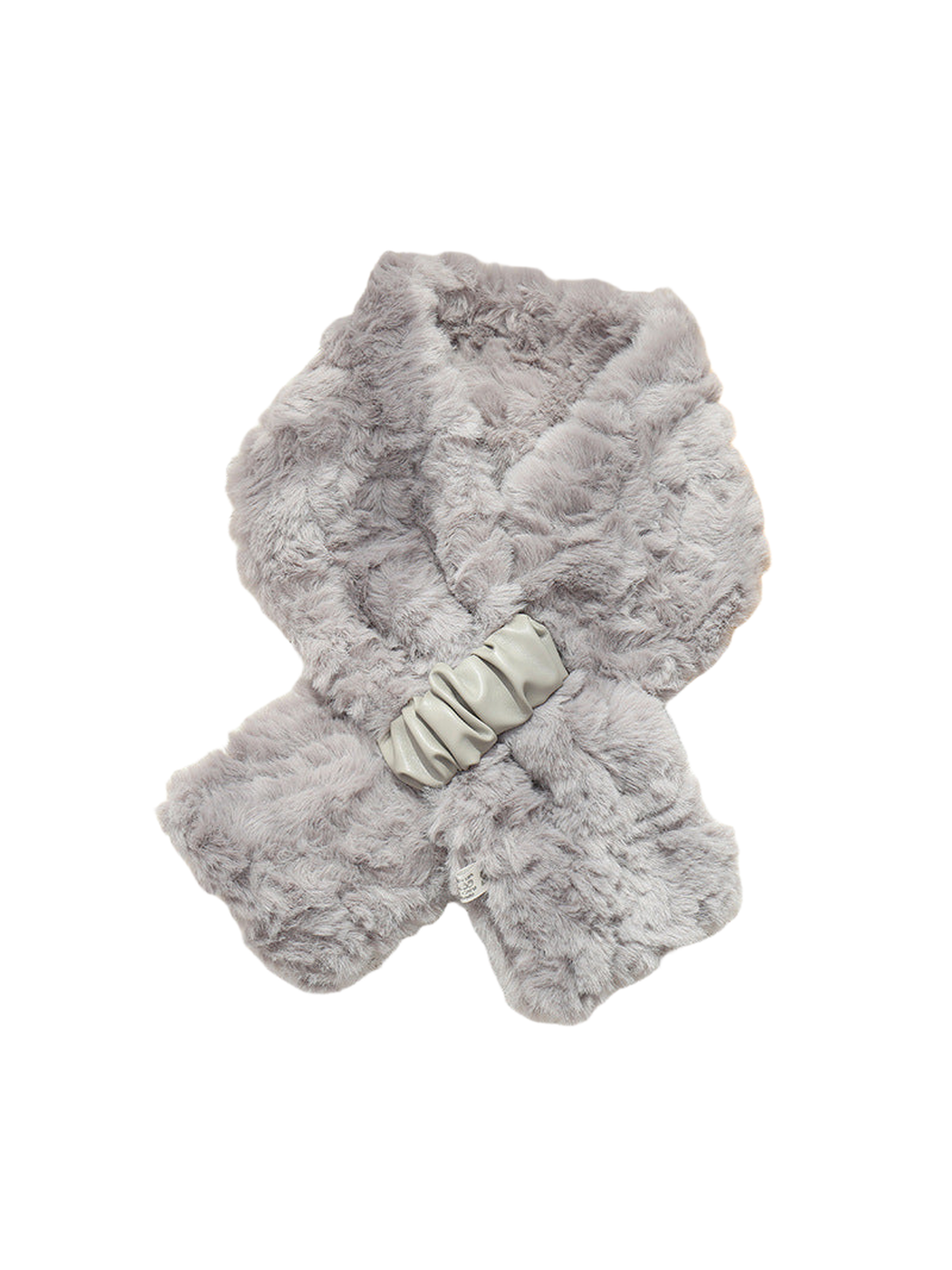 Gray fuzzy pull-through scarf with gathered front tab