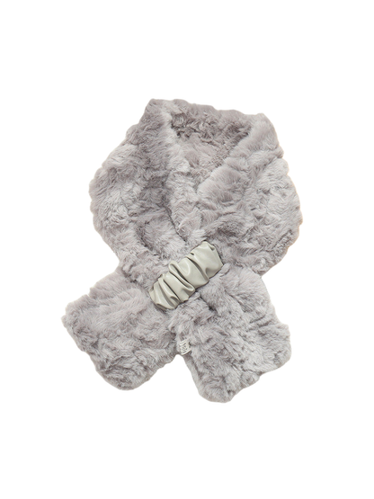 Gray fuzzy pull-through scarf with gathered front tab