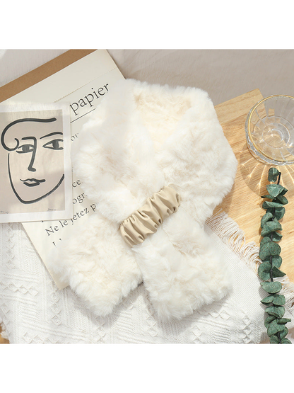 White fuzzy pull-through scarf with gathered front tab