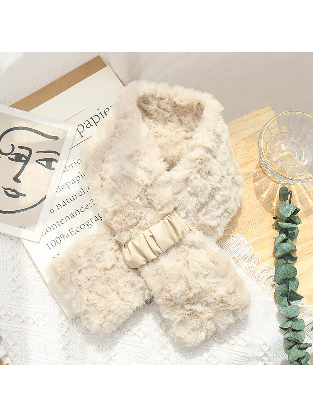 Beige fuzzy pull-through scarf with gathered front tab