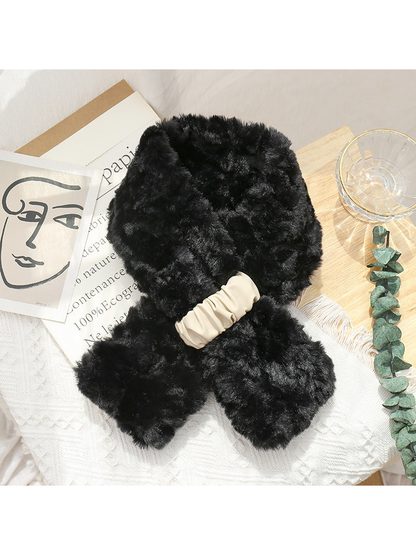 Black fuzzy pull-through scarf with gathered front tab