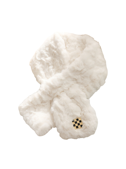 White fuzzy pull-through scarf with black-and-gold checker accent