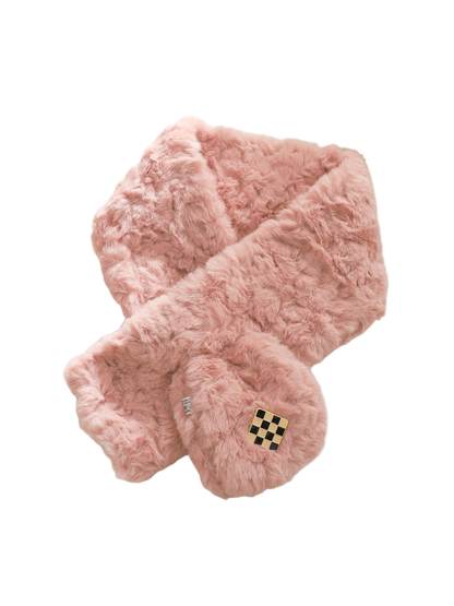 Pink fuzzy pull-through scarf with black-and-gold checker accent
