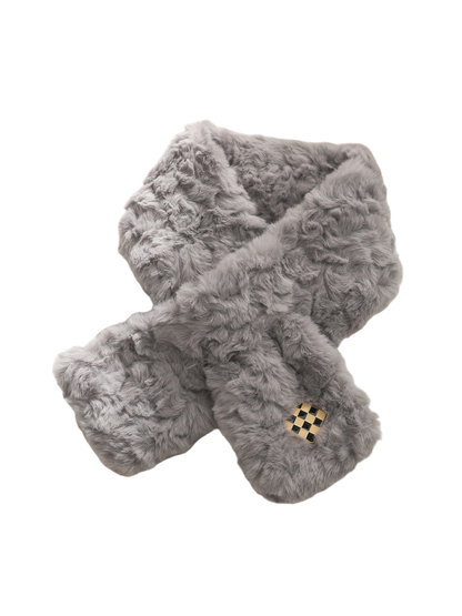 Gray fuzzy pull-through scarf with black-and-gold checker accent