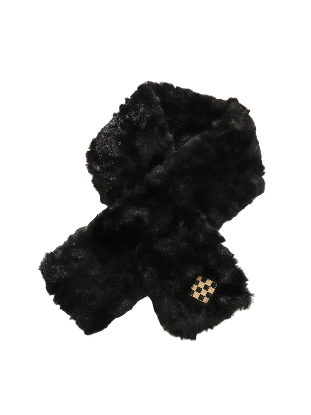 Black fuzzy pull-through scarf with black-and-gold checker accent