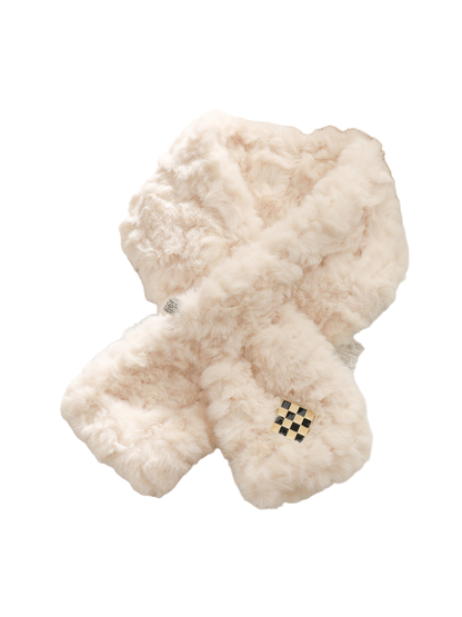 Cream fuzzy pull-through scarf with black-and-gold checker accent