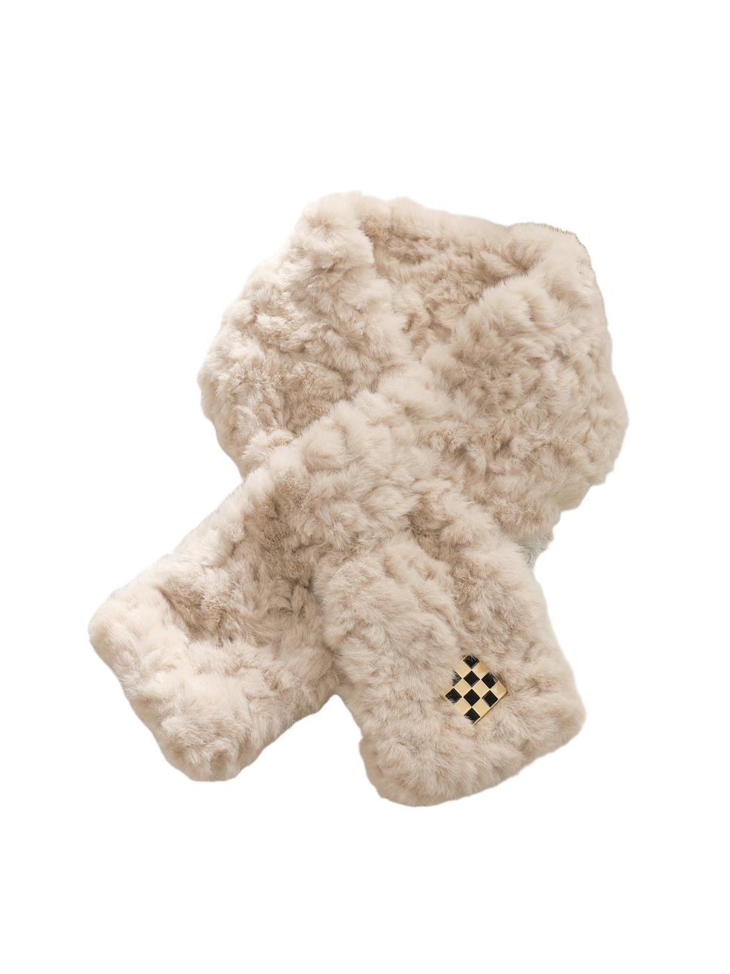 Beige fuzzy pull-through scarf with black-and-gold checker accent