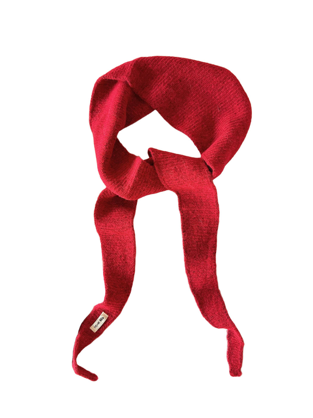 Red textured narrow scarf with tapered ends arranged in a loose knot