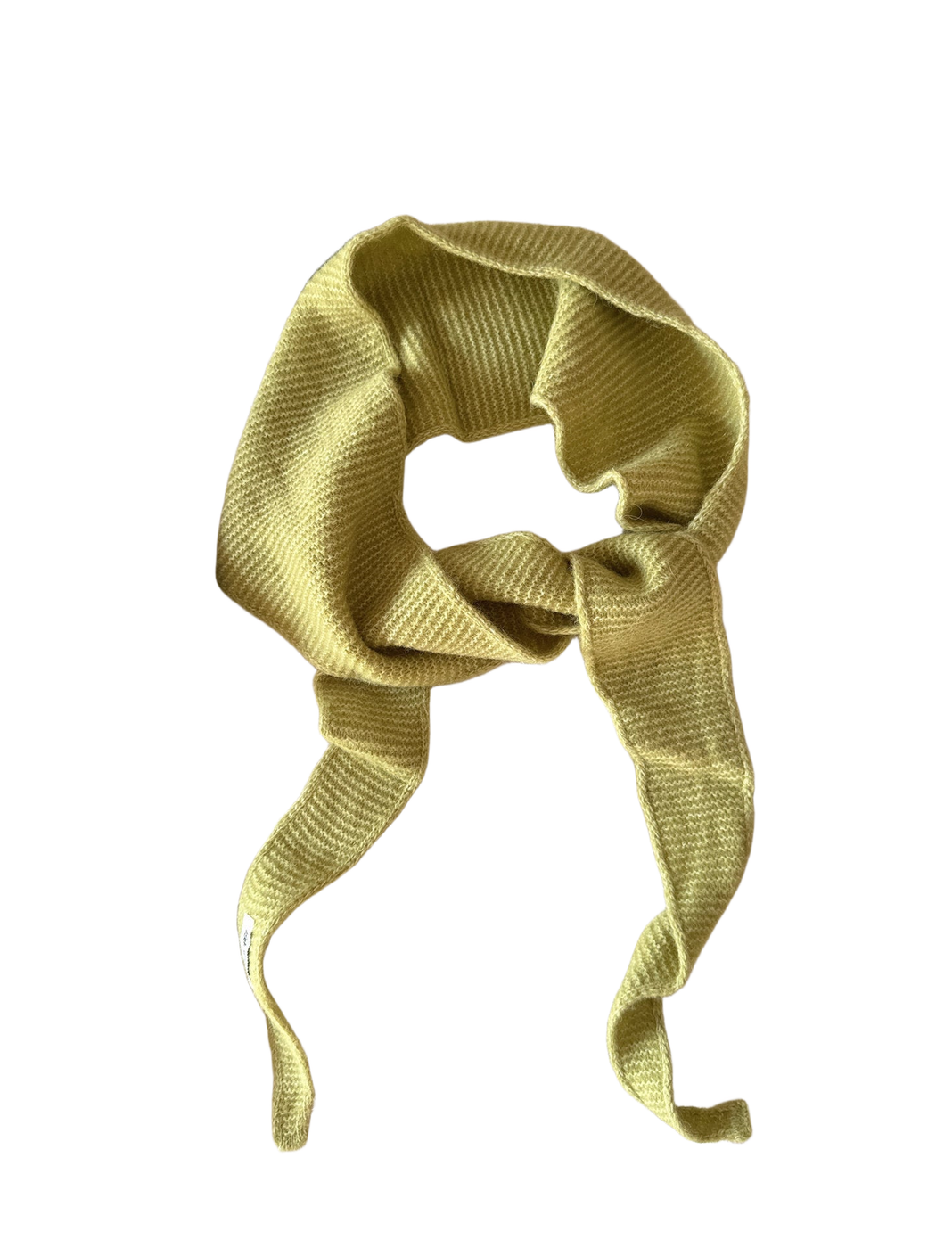 Green textured narrow scarf with tapered ends arranged in a loose knot