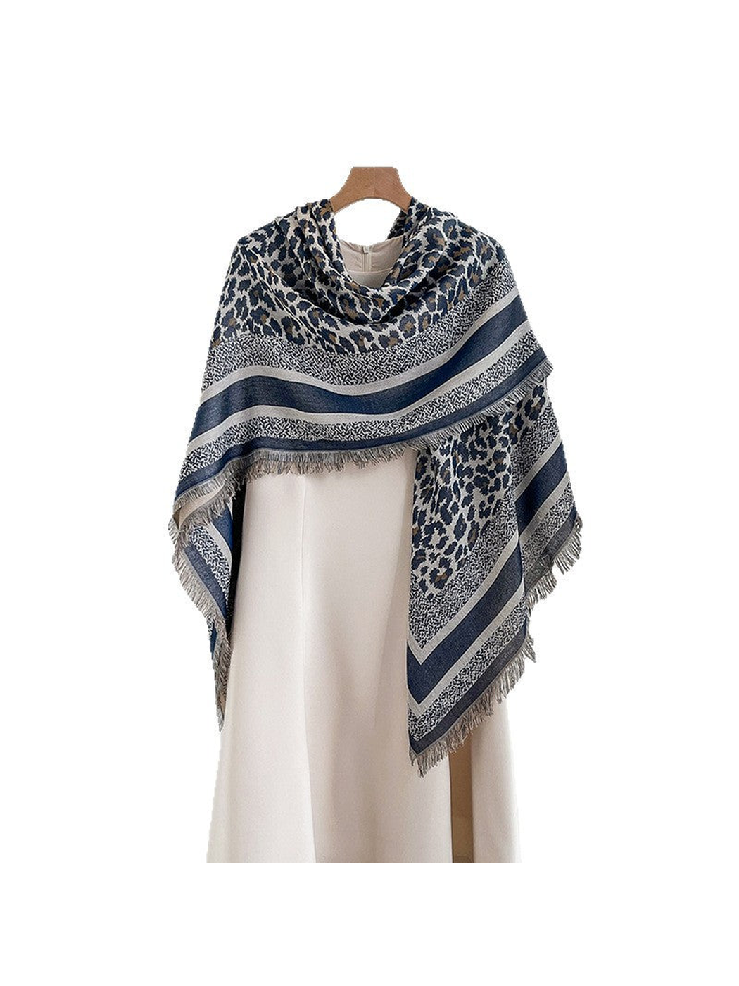 Navy animal-print square scarf with striped border and short fringe