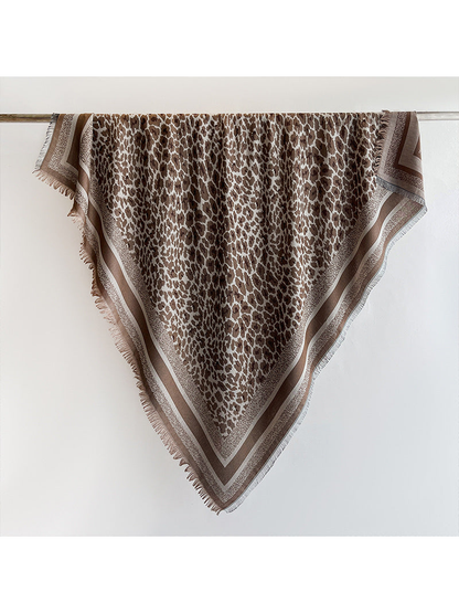 Dark brown animal-print square scarf with striped border and short fringe