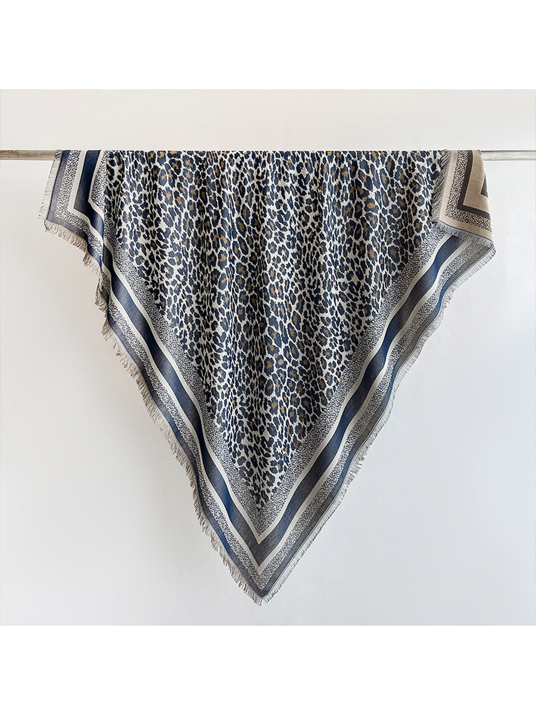 Navy animal-print square scarf with striped border and short fringe