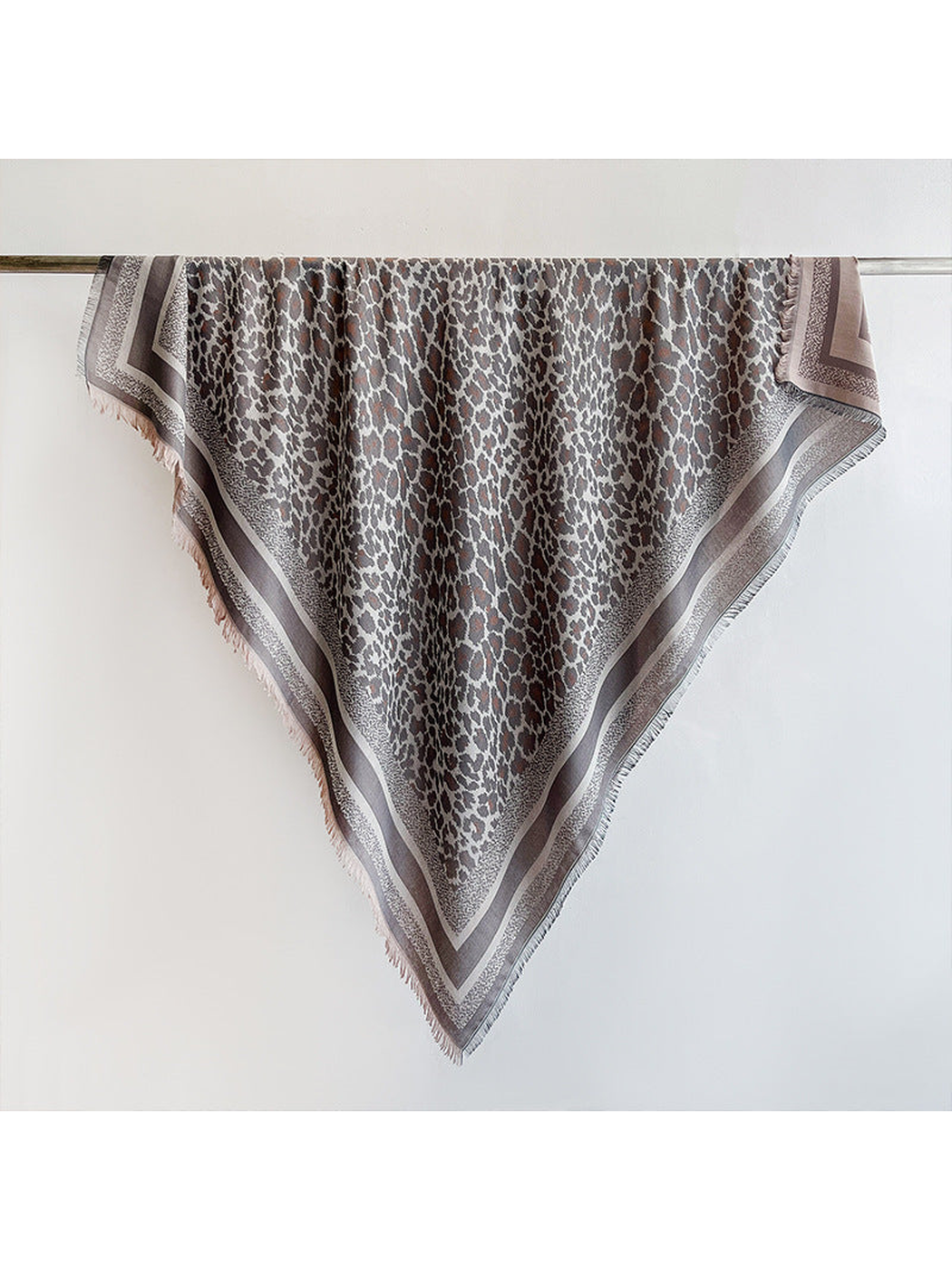 Greige animal-print square scarf with striped border and short fringe