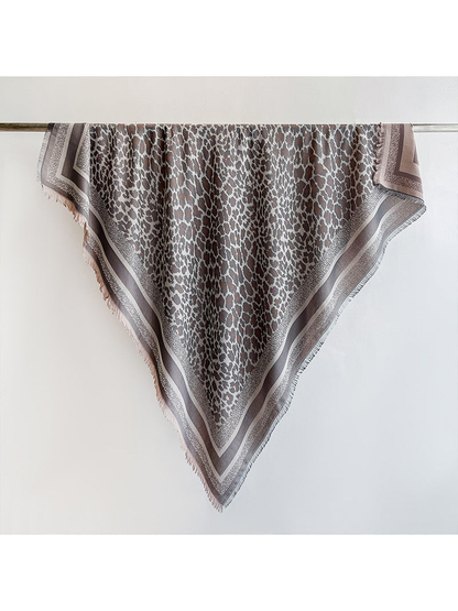 Greige animal-print square scarf with striped border and short fringe