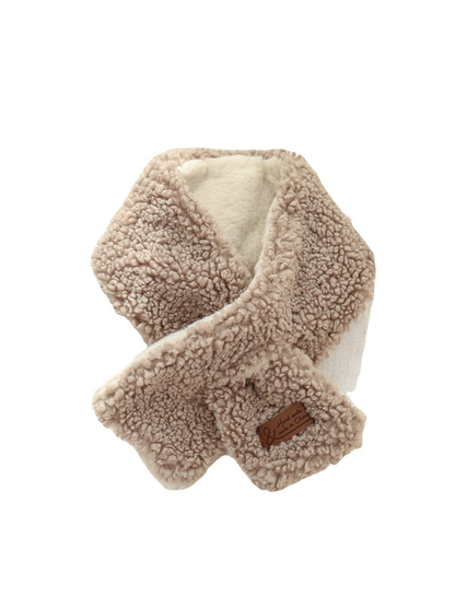 Beige short neck scarf with crossed rounded ends on a white background