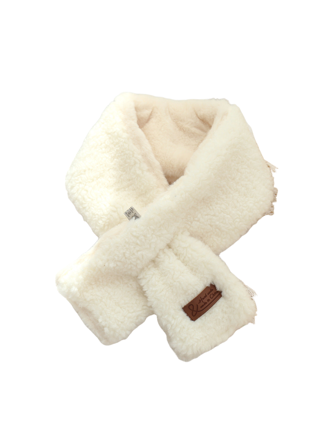 Ivory short neck scarf with crossed ends and curly textured surface