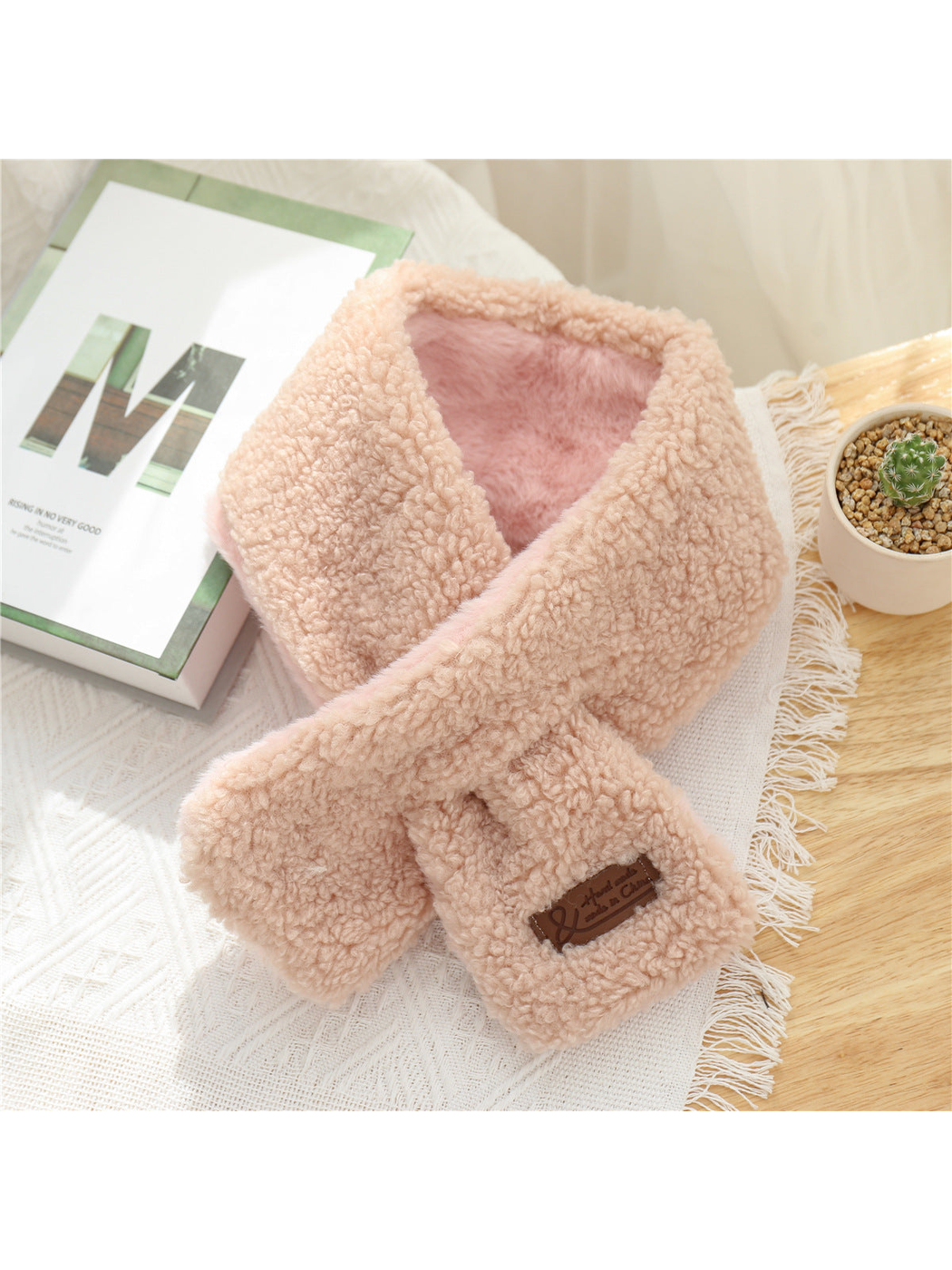 Blush pink short neck scarf with crossed ends and pink plush lining