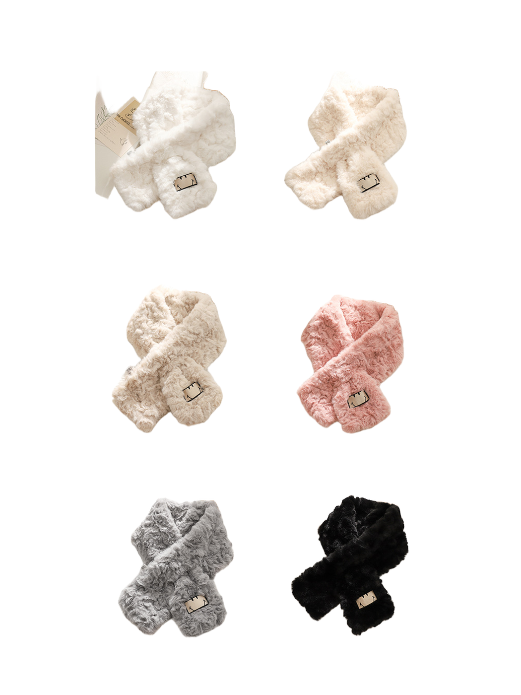 Six fuzzy scarves in white, beige, greige, pink, gray and black arranged in a color grid