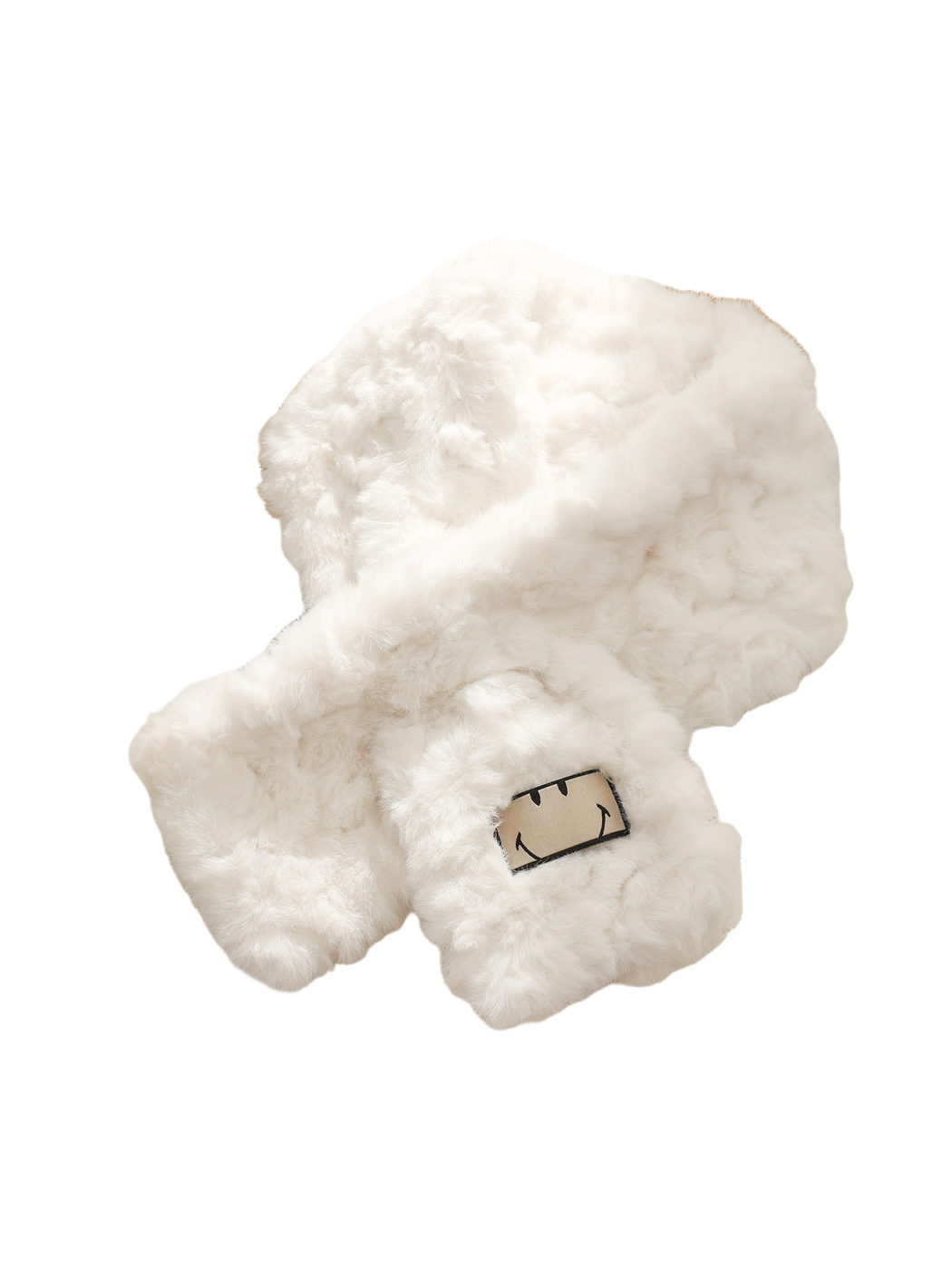 White fuzzy scarf with an outlined smiling face patch