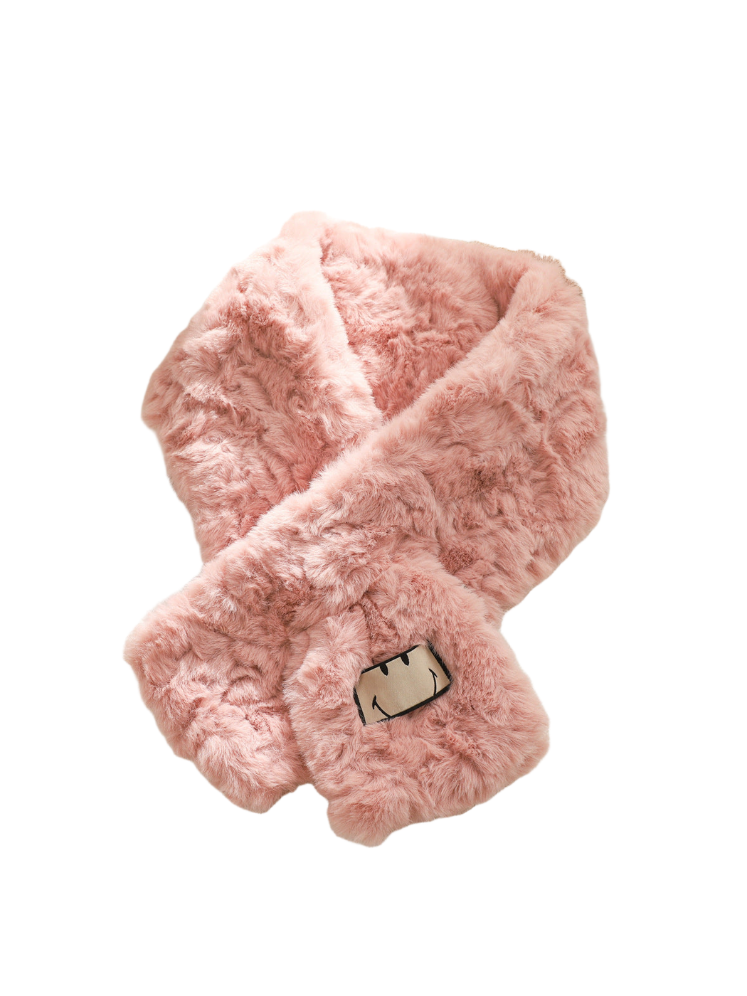 Pink fuzzy scarf with an outlined smiling face patch