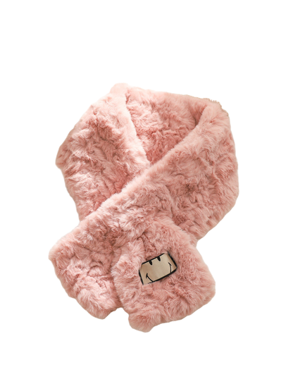 Pink fuzzy scarf with an outlined smiling face patch