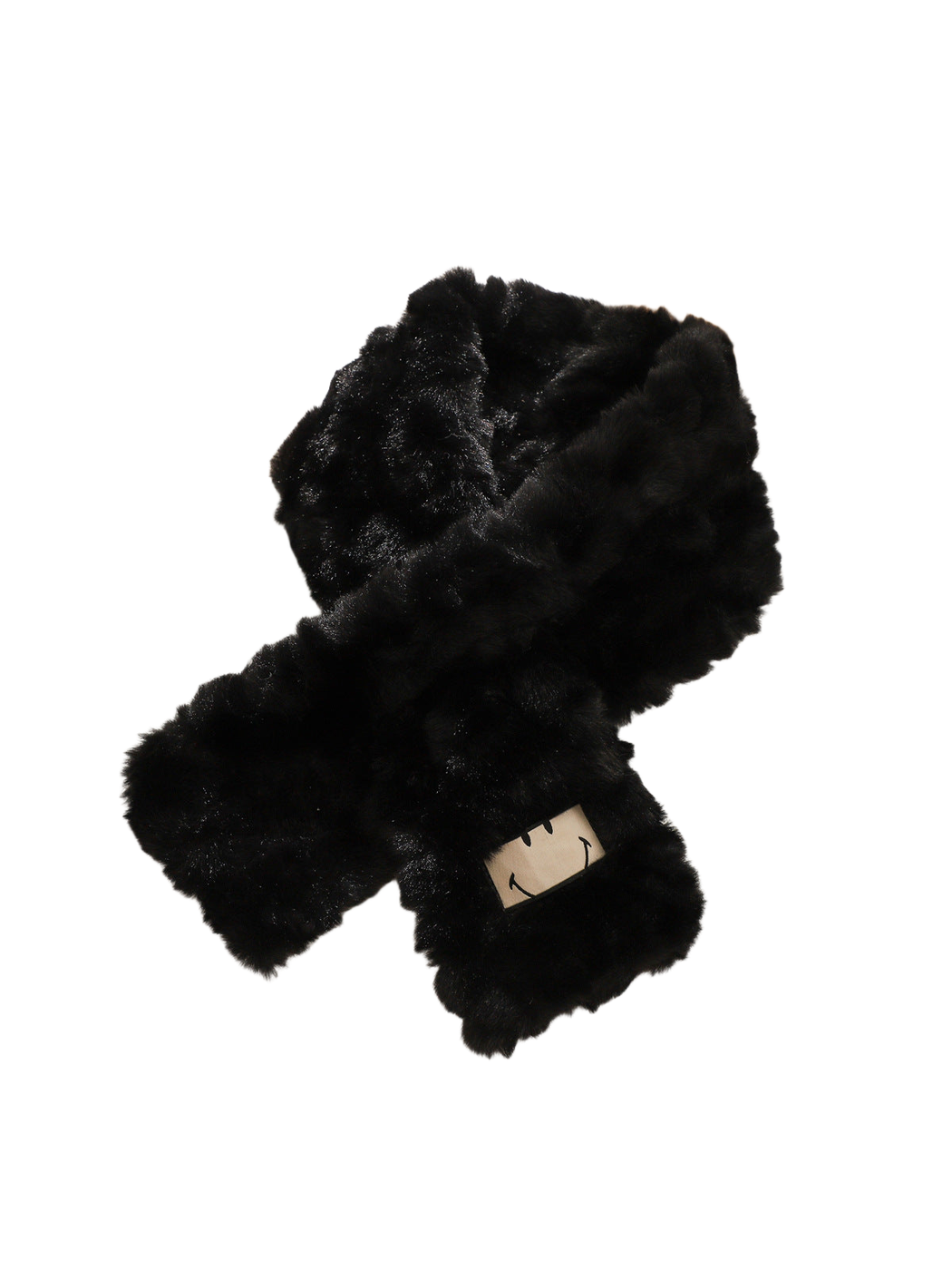 Black fuzzy scarf with an outlined smiling face patch