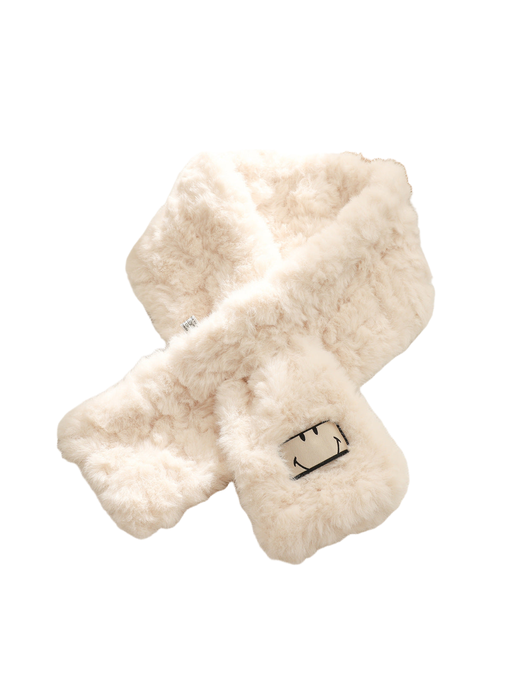 Beige fuzzy scarf with an outlined smiling face patch