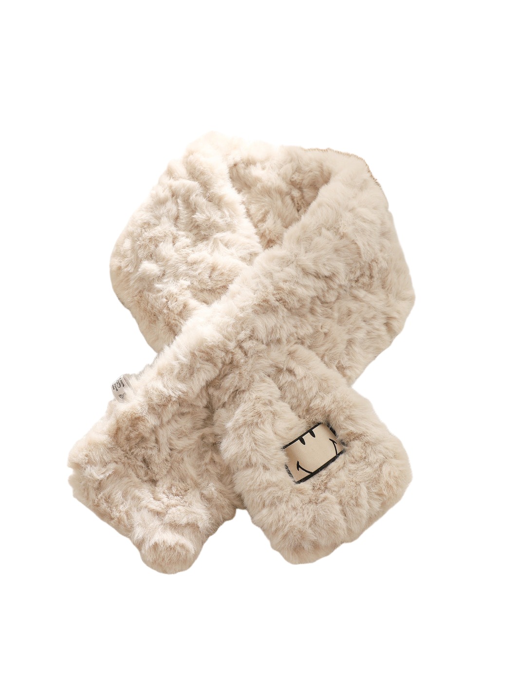 Greige fuzzy scarf with an outlined smiling face patch